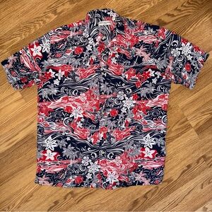 Tori Richard Uniforms Hawaiian Shirt Mens XL Red and Navy Print Aloha Resortwear